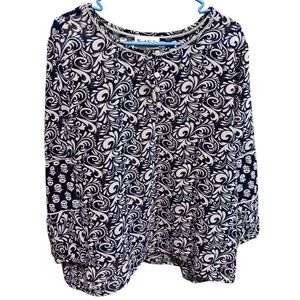 North Style Navy White Boho Blouse Flowy Lightweight Long Sleeve Sheer Sz XL
